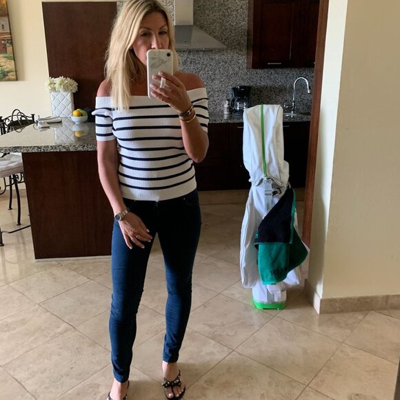 Club Monaco Size S Classic Striped Off-Shoulder Knit Top - Picture 5 of 5